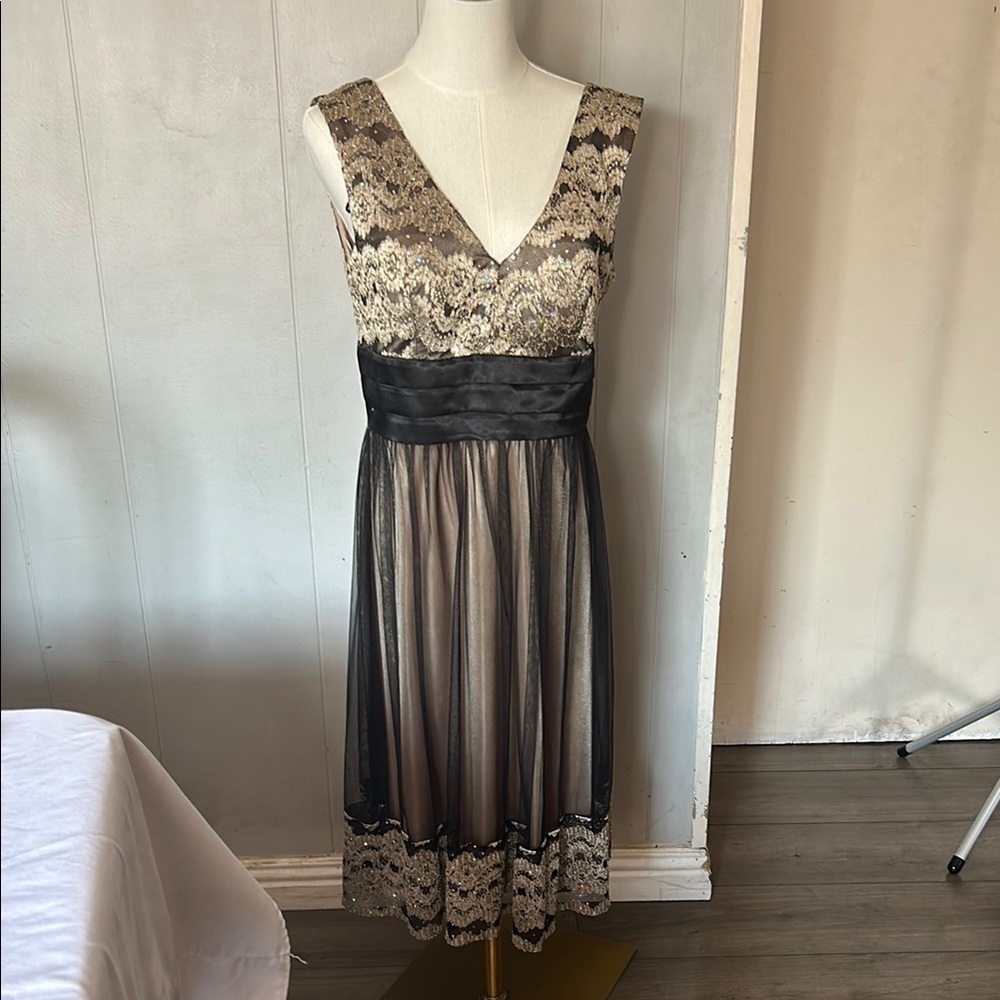 Jessica Howard Lace V-Neck Midi Dress - Black and Cream